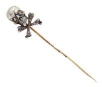 19th/early 20th century silver rose cut diamond set skull stick pin