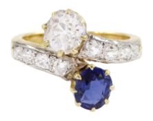 Early 20th century two stone old cut diamond and sapphire crossover ring