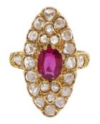 18ct gold oval cut ruby and rose cut diamond marquise shaped ring