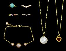 Collection of silver-gilt jewellery including mother of pearl pendant necklace
