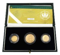 Queen Elizabeth II 'Golden Jubilee' gold proof three-coin shield back sovereign set