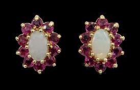 Pair of 9ct gold opal and ruby cluster stud earrings