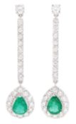 Pair of 18ct white gold pear cut emerald and round brilliant cut diamond cluster pendant stud earrin