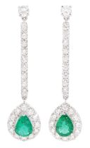 Pair of 18ct white gold pear cut emerald and round brilliant cut diamond cluster pendant stud earrin