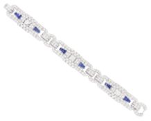 Art Deco platinum milgrain set old cut diamond and calibre cut Burmese sapphire link bracelet