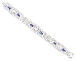 Art Deco platinum milgrain set old cut diamond and calibre cut Burmese sapphire link bracelet