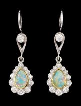 Pair of 18ct gold opal and diamond pendant stud earrings