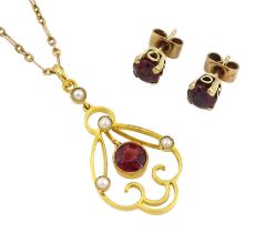 Edwardian gold garnet and seed pearl pendant