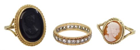 Three 9ct gold rings including two cameos and a paste stone set full eternity ring
