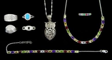 Silver stone set jewellery including multi gemstone set necklace and matching bracelet