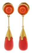 Pair of 18ct gold coral pendant stud earrings