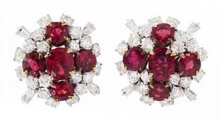 Pair of 18ct white and yellow gold Burmese ruby and diamond stud earrings