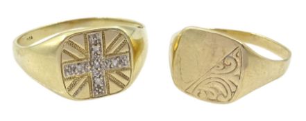 Gold diamond set Union Jack signet ring and a gold signet ring