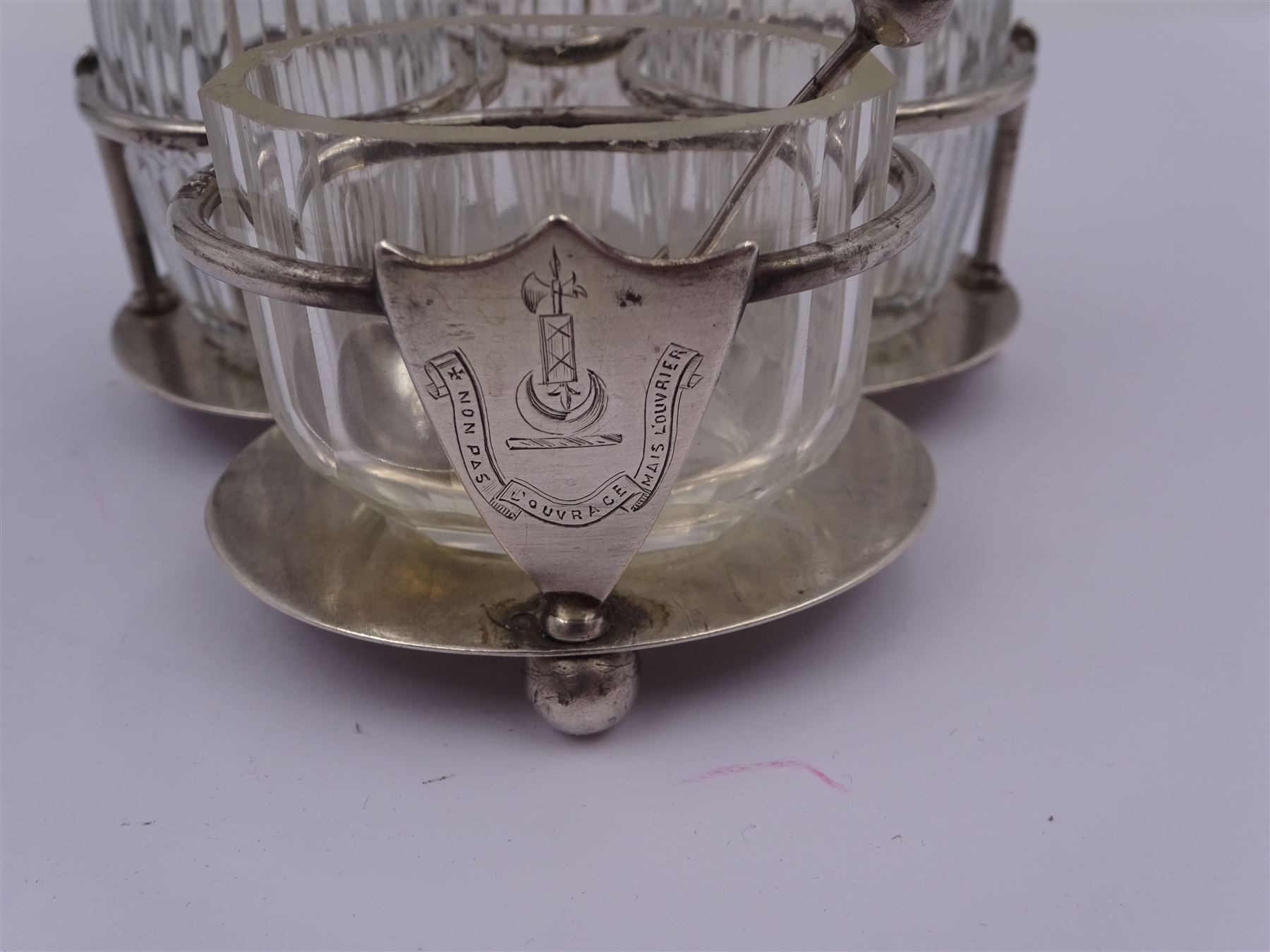 Late Victorian silver mounted four piece cut glass cruet set on stand - Image 5 of 7