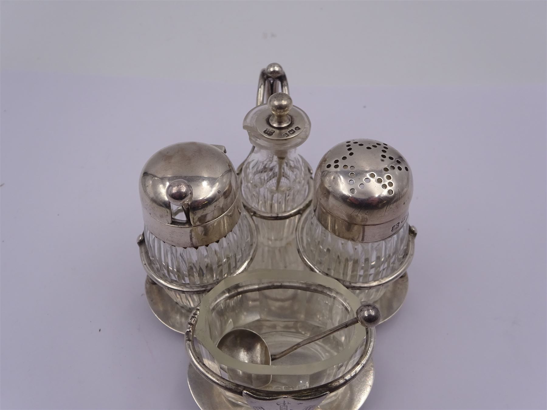 Late Victorian silver mounted four piece cut glass cruet set on stand - Image 6 of 7