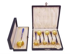 Set of six Danish silver-gilt blue enamel demitasse spoons with crown finials and together with an i