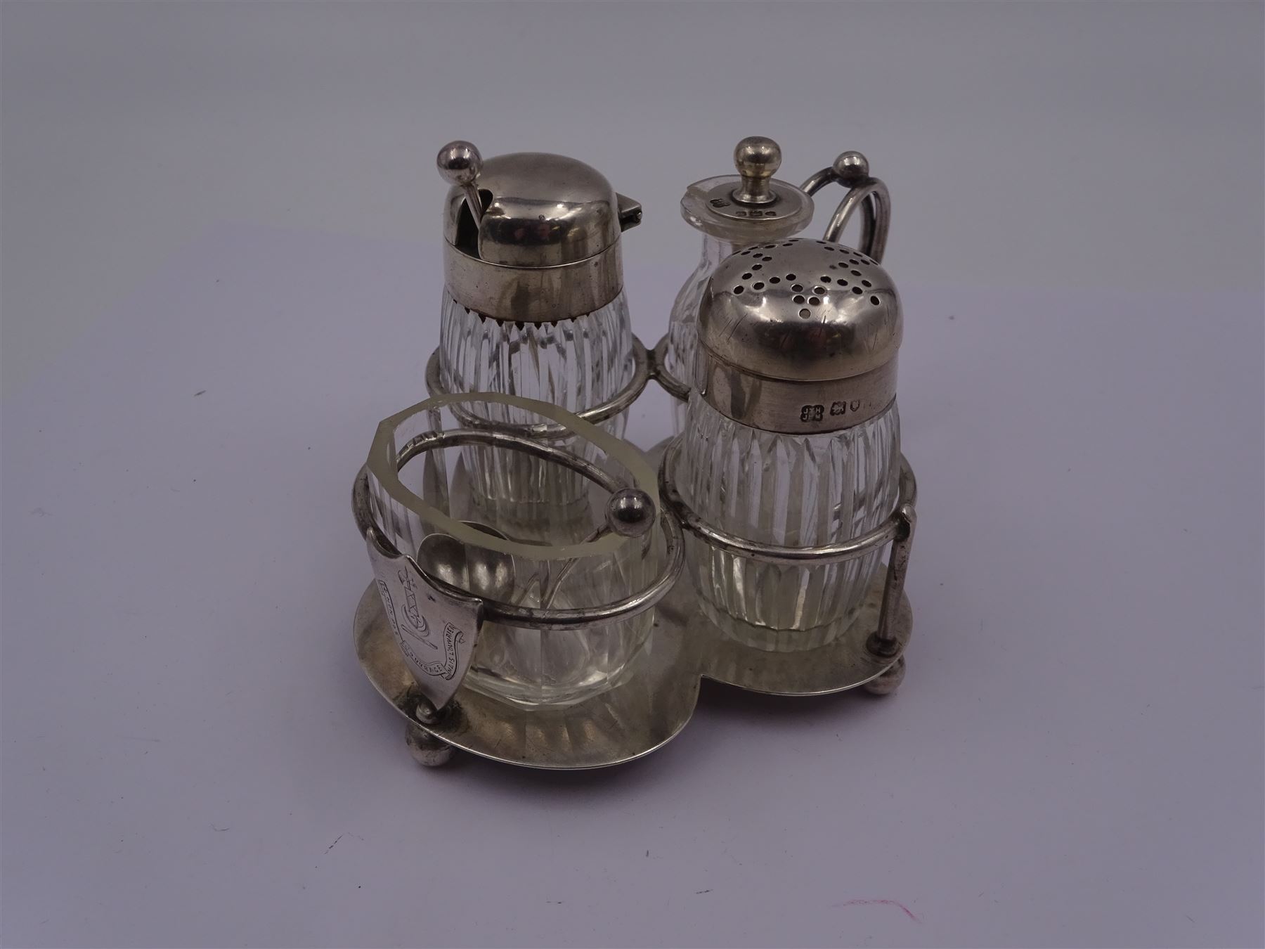 Late Victorian silver mounted four piece cut glass cruet set on stand - Image 3 of 7