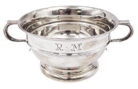 Modern silver twin handled porridge bowl