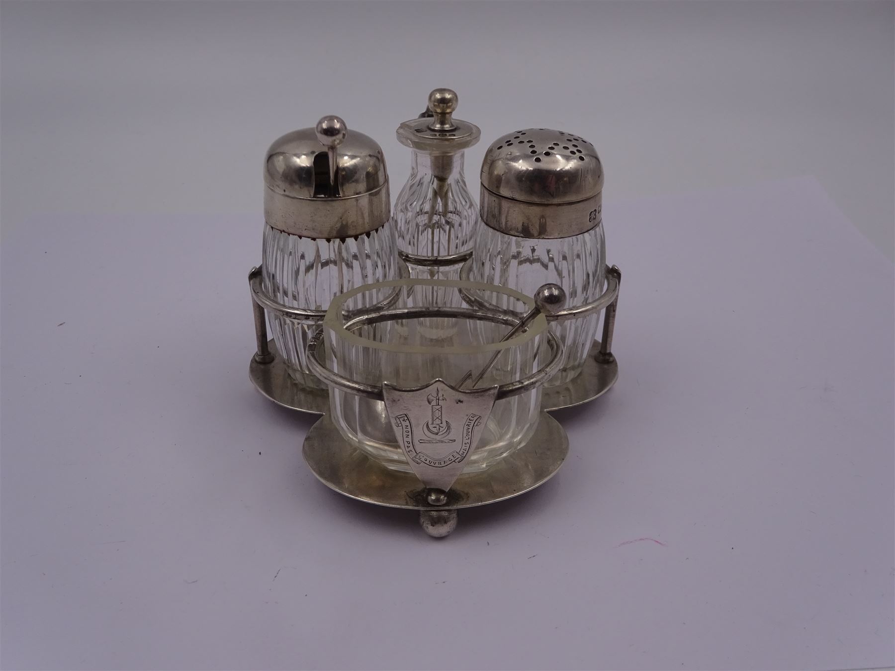 Late Victorian silver mounted four piece cut glass cruet set on stand - Image 2 of 7