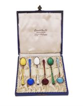 Set of six Danish silver-gilt guilloche enamel coffee spoons