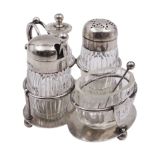 Late Victorian silver mounted four piece cut glass cruet set on stand