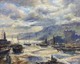 English School (Contemporary): Busy Harbour at Low Tide