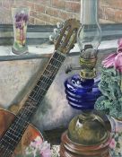 R Greenley (British 20th century): Still Life of Guitar and Oil Lamp on Ledge