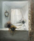 Judith Levin (British 1956-): Floral Arrangements beside a Window