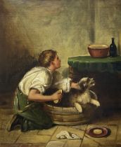 English School (20th Century): Young Boy washing a Dog