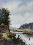 CW Oswald (British 19th Century): Thatched Cottage Beside a Stream