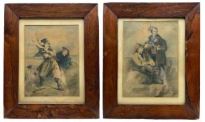 Pair of rosewood frames containing portrait watercolours