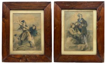 Pair of rosewood frames containing portrait watercolours