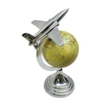 Art Deco style world globe with chrome aeroplane finial and mounts