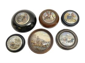 Six framed Prattware pot lids comprising 'Bear