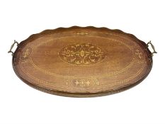 Edwardian inlaid twin handled mahogany oval tray L64cm