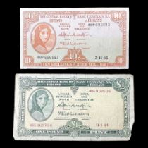 The Central Bank of Ireland one pound banknote 11.4.64 ‘46G 869736’ and ten shillings banknote 7.10.