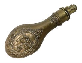 Copper and brass powder flask by G. & J.W. Hawksley Sheffield with embossed panel of 'Pharaohs Horse