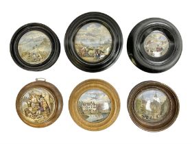 Six framed Prattware pot lids comprising 'Harbour of Hong Kong'