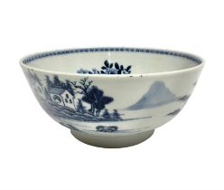 Late 18th century Chinese Export blue and white bowl painted landscape and pagoda scene