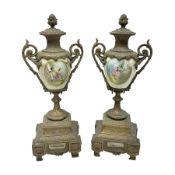 Pair gilt metal and porcelain urn clock garnitures