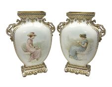 Pair of Copelands enamel jeweled twin handle vases