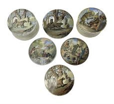 Six 19th century Prattware pot lids comprising 'The Village Wakes'