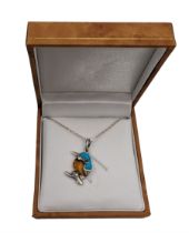 Silver turquoise and Baltic amber kingfisher pendant necklace