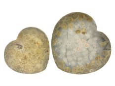 Two graduating fossilised coral dish in the form of hearts