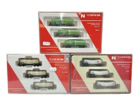 Fleischmann 'N' gauge - three sets of goods wagons comprising No.846005 Knickkesselwagen-Set Bauart