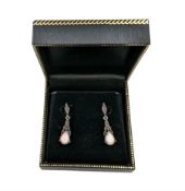 Pair of silver opal and marcasite pendant stud earrings