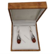 Pair of silver Baltic amber pendant earrings