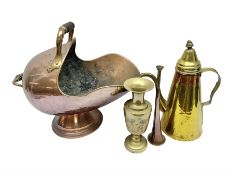 Copper coal scuttle together with a brass vase