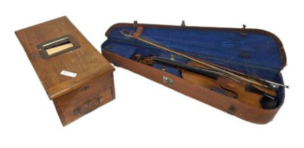 Antique wooden till together with a cased violin