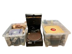 His Master`s Voice` portable Gramophone model 101 together with a collection of records